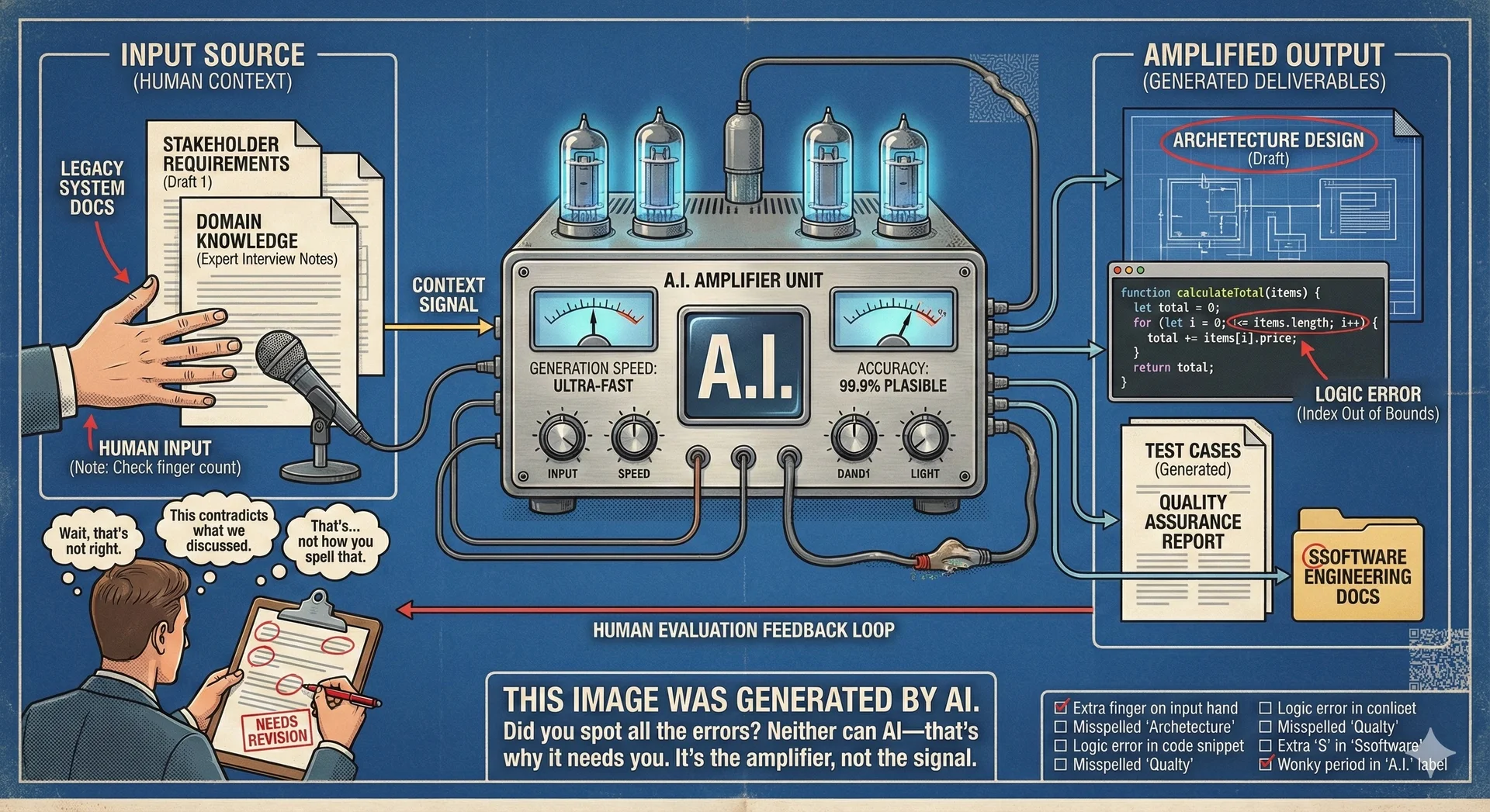 Concept: 'The Amplifier, Not the Signal' (Human Context as the Source) - A clean, technical diagram rendered in the style of an audio engineering schematic—but with intentional AI generation artifacts scattered throughout as Easter eggs. The central amplifier unit labeled 'AI' has impressive specs and glowing indicators. The signal flow shows: Input (left side) with a human providing context—requirements documents, stakeholder interviews, domain knowledge. A hand points to the input, but the hand has six fingers (the classic tell). Output (right side) shows amplified results: code, documentation, test cases—generated at impressive speed. But look closely: one document is titled 'Archetecture Design' (misspelled), another shows a code snippet with a subtle logic error visible. The feedback loop shows a human evaluator with a red pen, circling errors. The reveal: A caption at the bottom breaks the fourth wall: 'This image was generated by AI. Did you spot all the errors? Neither can AI—that's why it needs you.'