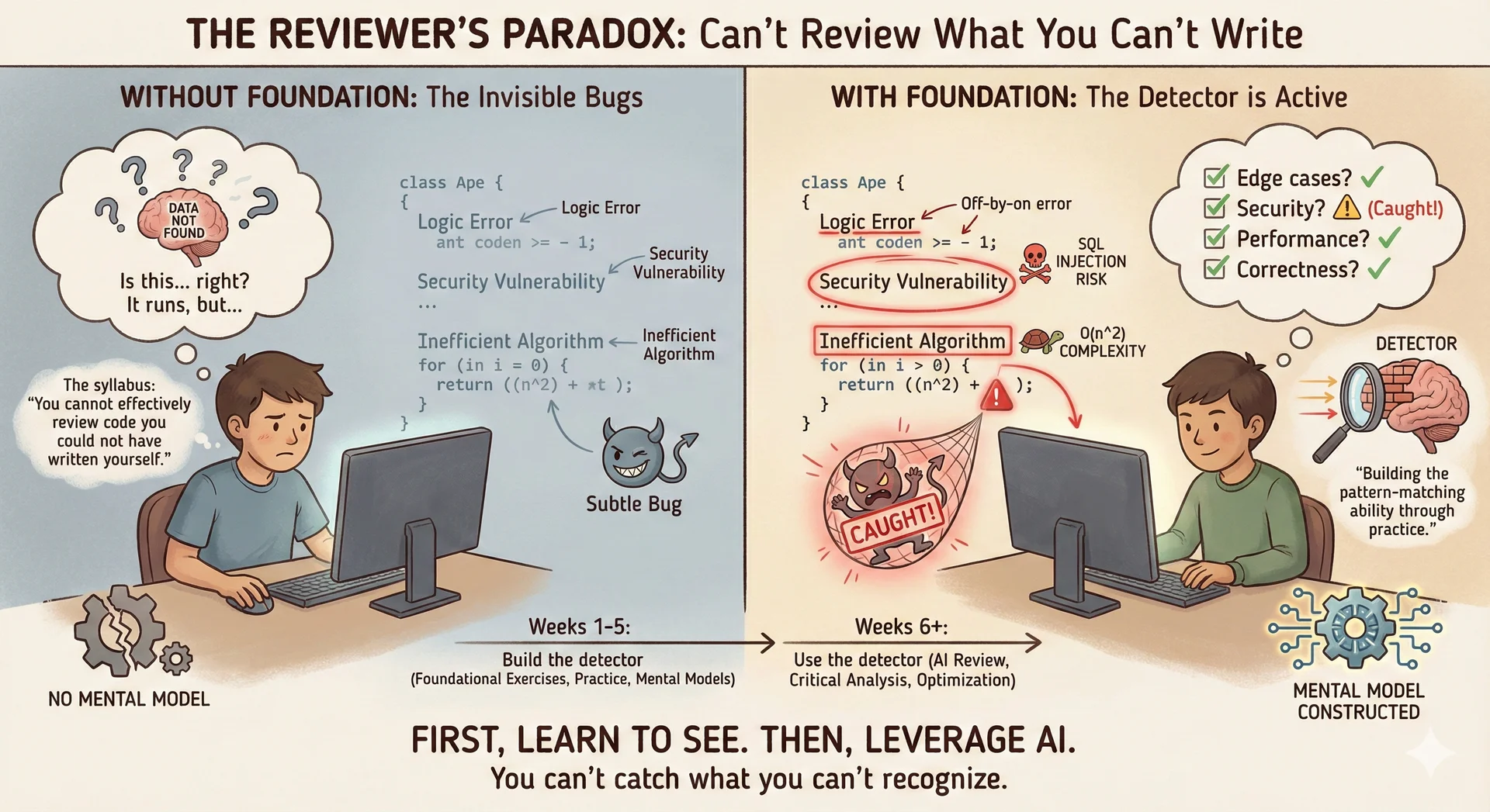 Concept: 'The Reviewer's Paradox' (Can't Review What You Can't Write) - A split-panel diagram rendered in the style of a thoughtful editorial illustration. On the left ('Without Foundation'), a student stares at AI-generated code on a screen. The code contains subtle bugs—a logic error here, a security vulnerability there, an inefficient algorithm—but the bugs are invisible, rendered in the same color as correct code. The student's thought bubble shows question marks and uncertainty: 'Is this... right?' A small demon labeled 'Subtle Bug' hides in the code, grinning. The student has no mental model to detect it. On the right ('With Foundation'), the same student, now having completed foundational exercises, reviews similar code. But now the bugs glow red—visible because the student has built the pattern-matching ability to recognize what 'wrong' looks like. Their thought bubble shows a checklist: 'Edge cases? ✓ Security? ⚠️ Performance? ✓' The demon is caught and highlighted. A timeline at the bottom shows the progression: 'Weeks 1-5: Build the detector → Weeks 6+: Use the detector.' Tagline: 'First, learn to see. Then, leverage AI.'