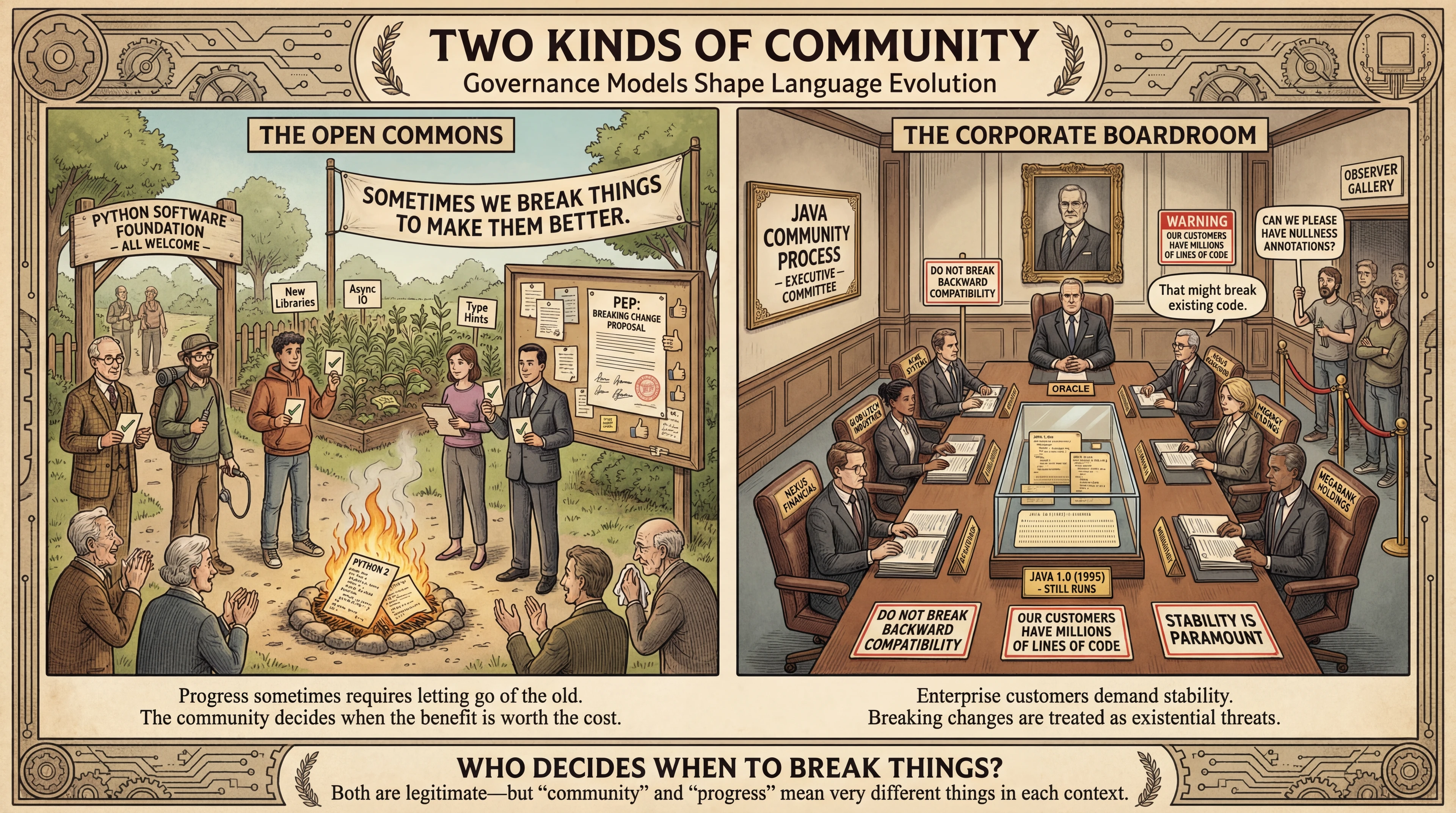 Concept: 'Two Kinds of Community' (Governance Models Shape Language Evolution) - A split-panel illustration in the style of a vintage technical manual, contrasting two approaches to language stewardship. On the LEFT ('The Open Commons'), a public park where diverse individuals gather around a shared garden plot. A teacher, a hobbyist, a startup founder, a student, and a few corporate representatives (visibly outnumbered) all have equal-sized voting cards. A sign reads 'Python Software Foundation - All Welcome.' In the foreground, a small ceremonial bonfire where old code labeled 'Python 2' is being retired—some people cheer while a few look wistful. A banner overhead reads 'Sometimes we break things to make them better.' On the RIGHT ('The Corporate Boardroom'), a polished conference room with a long table. At the head sits an Oracle representative; around the table are six other seats with nameplates reading enterprise company names. A sign on the wall reads 'Java Community Process - Executive Committee.' Prominently displayed: a glass museum case containing ancient code labeled 'Java 1.0 (1995) - STILL RUNS' like a sacred artifact. Red warning signs everywhere: 'DO NOT BREAK BACKWARD COMPATIBILITY.' Tagline options: 'Two definitions of community' / 'Who decides when to break things?' / 'Move fast vs. never break'