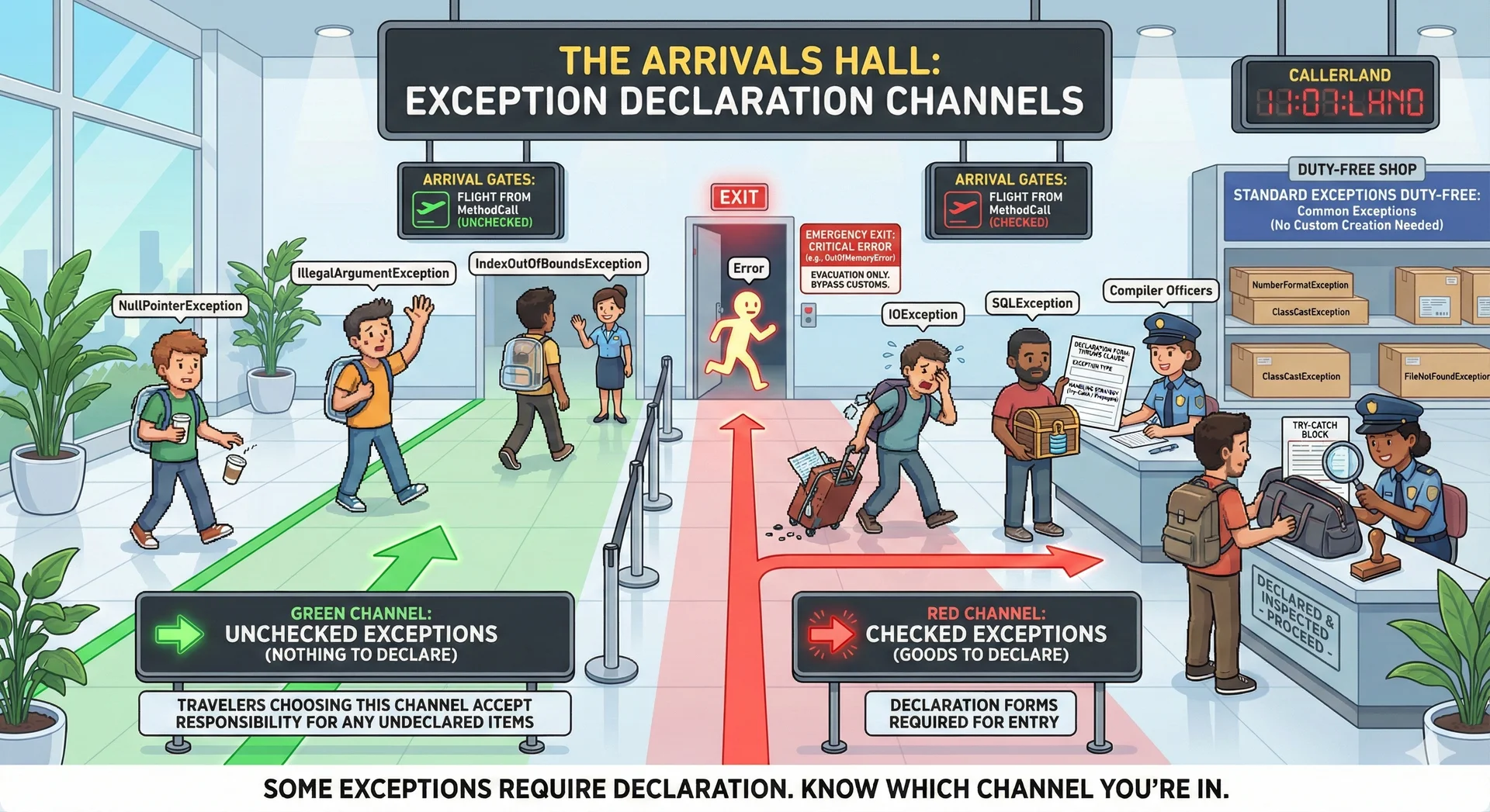 Revised: 'The Arrivals Hall' (Airport Declaration Channels) - A cheerful airport arrivals hall rendered in the style of a friendly airport signage system—think IKEA-meets-international-terminal wayfinding design. The scene shows the familiar customs area after landing, with two clearly marked channels. The green channel ('Nothing to Declare' / Unchecked Exceptions) shows travelers like NullPointerException and IllegalArgumentException walking straight through without stopping—no paperwork, no inspection, just a quick passage into the main terminal. A small sign notes: 'Travelers choosing this channel accept responsibility for any undeclared items.' The red channel ('Goods to Declare' / Checked Exceptions) shows travelers like IOException and SQLException stopping at a customs desk, filling out declaration forms (the throws clause), having their bags inspected (the try-catch block), and getting their forms stamped before proceeding. The process is slower but orderly. Friendly customs officers (the compiler) check that all declarations match what's actually being carried. Tagline: 'Some exceptions require declaration. Know which channel you're in.'