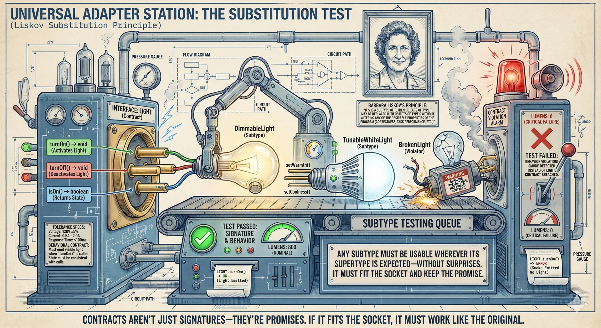 Concept: 'The Substitution Test' (Universal Adapter Station) - A stylized electrical/plumbing testing station rendered in clean, technical blueprint style with a hint of mid-century industrial design. The scene shows a universal testing rig where objects must prove they can substitute for their claimed supertypes. On the left, a Light interface is represented as a standardized socket/port with labeled pins: turnOn(), turnOff(), isOn(). In the center, various subtype objects queue up for testing: a DimmableLight (glowing softly), a TunableWhiteLight (with color temperature dial), and a suspicious BrokenLight (cracked and sparking). The DimmableLight plugs in perfectly—all pins connect, a green checkmark appears, and it successfully lights up when turnOn() is called. The TunableWhiteLight also passes (with extra pins for its additional methods safely tucked away). But the BrokenLight fails: its turnOn() pin connects but produces smoke instead of light, triggering a red alarm. A portrait of Barbara Liskov watches approvingly from the wall, captioned with her principle. Tagline: 'If it fits the socket, it must work like the original' or 'Contracts aren't just signatures—they're promises.'
