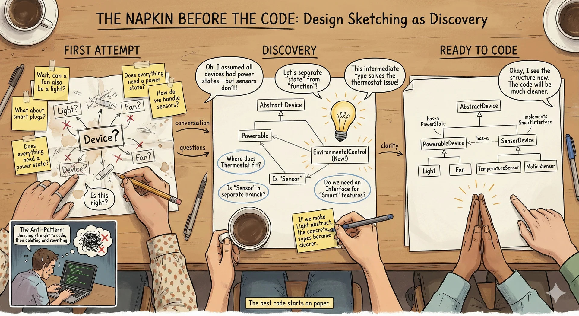 Concept: 'The Substitution Test' (Universal Adapter Station) - A stylized electrical/plumbing testing station rendered in clean, technical blueprint style with a hint of mid-century industrial design. The scene shows a universal testing rig where objects must prove they can substitute for their claimed supertypes. On the left, a Light interface is represented as a standardized socket/port with labeled pins: turnOn(), turnOff(), isOn(). In the center, various subtype objects queue up for testing: a DimmableLight (glowing softly), a TunableWhiteLight (with color temperature dial), and a suspicious BrokenLight (cracked and sparking). The DimmableLight plugs in perfectly—all pins connect, a green checkmark appears, and it successfully lights up when turnOn() is called. The TunableWhiteLight also passes (with extra pins for its additional methods safely tucked away). But the BrokenLight fails: its turnOn() pin connects but produces smoke instead of light, triggering a red alarm. A portrait of Barbara Liskov watches approvingly from the wall, captioned with her principle. This visualization makes LSP concrete and memorable: substitutability means 'fits the socket AND does what the socket promises.' The testing station metaphor emphasizes that this isn't just about method signatures (the pins fitting) but about behavior (actually lighting up). The BrokenLight example illustrates the subtle violation: it might have all the right methods but produces wrong behavior—the deepest LSP danger. Tagline: 'If it fits the socket, it must work like the original' or 'Contracts aren't just signatures—they're promises.'